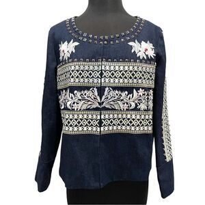 𝅺Floryday Dark Wash Denim Embellished Blazer Jacket Sz L